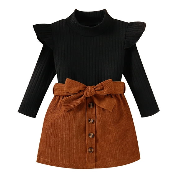 oqasdz Fall Outfits for Girls Ruffles Long Sleeve Ribbed Knitted Turtleneck Tops Solid Bow Tie Skirt Clothing Sets Size 1-2 Y