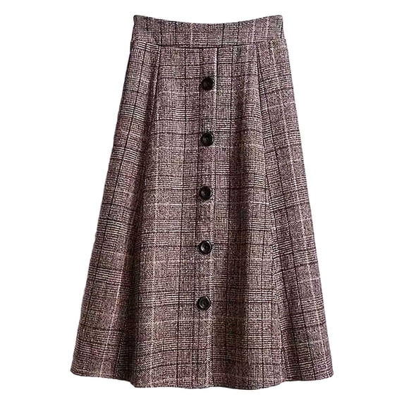 oqasdz Fall Winter Womens Plaid Skirt with Elastic Waist Pleated Button Down Mid Length Blend Textured Fabric for Casual Formal Outwear