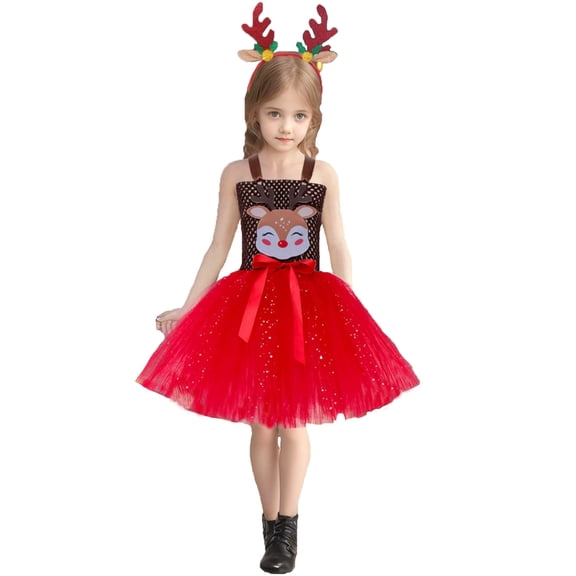 oqasdz Festive Reindeer Girls Dress Tutu Skirt Winter Party Performance Outfit for Children Holiday Celebration