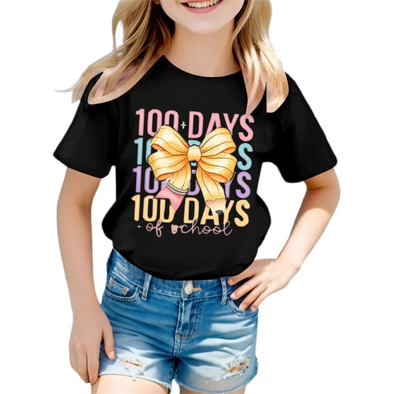 oqasdz Girls 100 Days of School Shirt Graphic Short Sleeve Back To School Top Tee Adorable Round Neck Shirt Stretch Loose Casual Outdoor