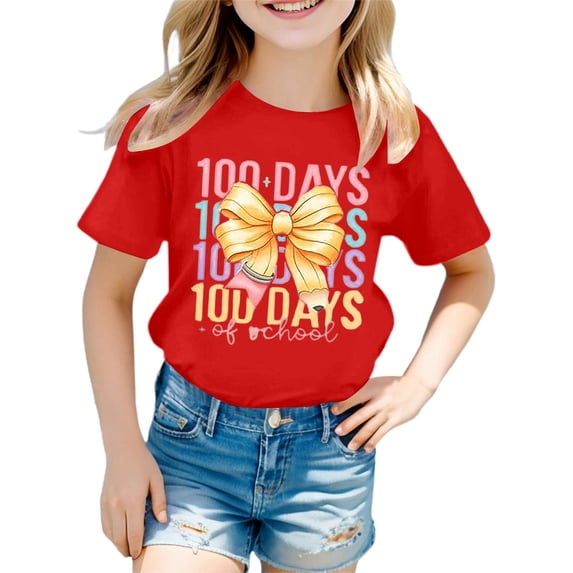 oqasdz Girls 100 Days of School Shirt Graphic Short Sleeve Back To School Top Tee Cute Round Neck Shirt Stretch Loose Durable Summer Dailywear