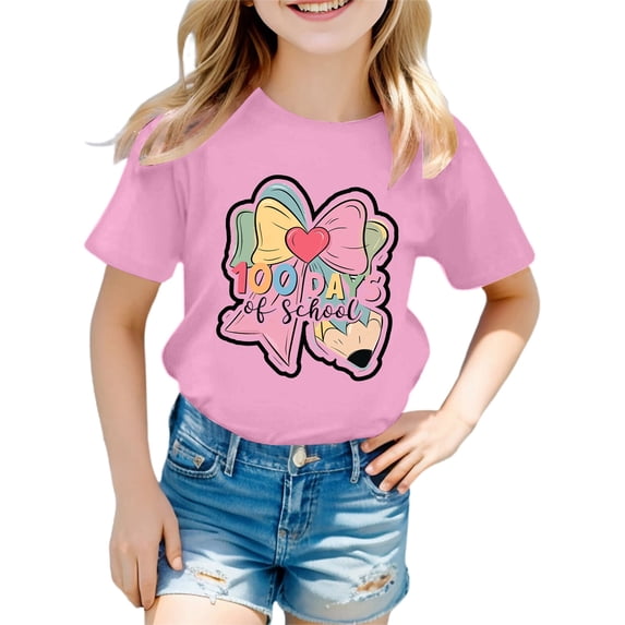oqasdz Girls 100 Days of School Shirt Graphic Short Sleeve Tee for Back To School Kids Cute Round Neck Stretch Loose Durable Summer Dailywear