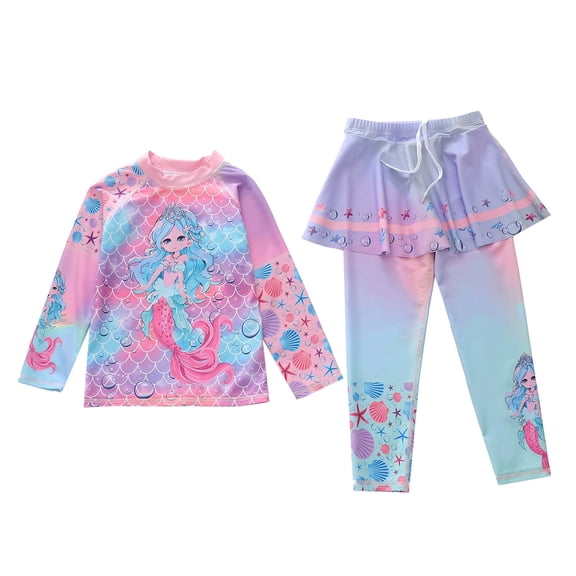 oqasdz Girls 2 Piece Swimwear Cute Cartoon Prints Sun Protection Long Sleeve Bathing Suit and Skirts Pants for Kids and Child Outwear