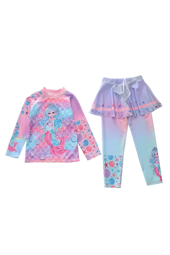 Girls 2 Piece Swimwear Cute Cartoon Prints Sun Protection Long Sleeve Bathing Suit and Skirts Pants for Kids and Child Outwear