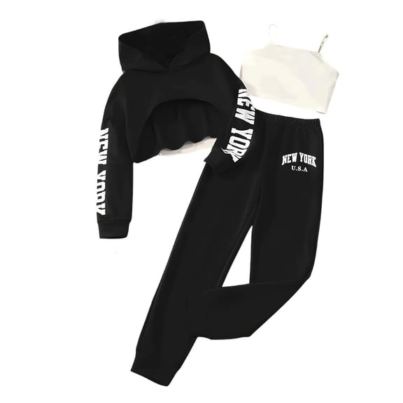 oqasdz Girls 3 Piece Outfit Casual Long Sleeve Stylish Prints Cropped Hoodie With Tank Top And Joggers Pants For Spring Fall Sports Fashion Streetwear