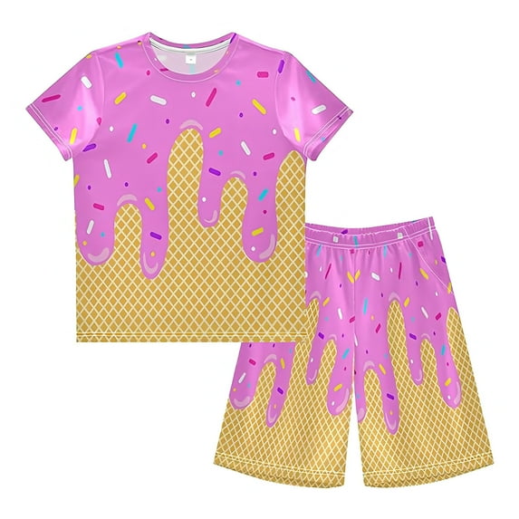 oqasdz Girls Boys Summer Outfits Ice Cream Print Short Sleeve T Shirt And Shorts 2PCS Set Comfortable Casual For Toddler Kids Size 7 Y-8 Y