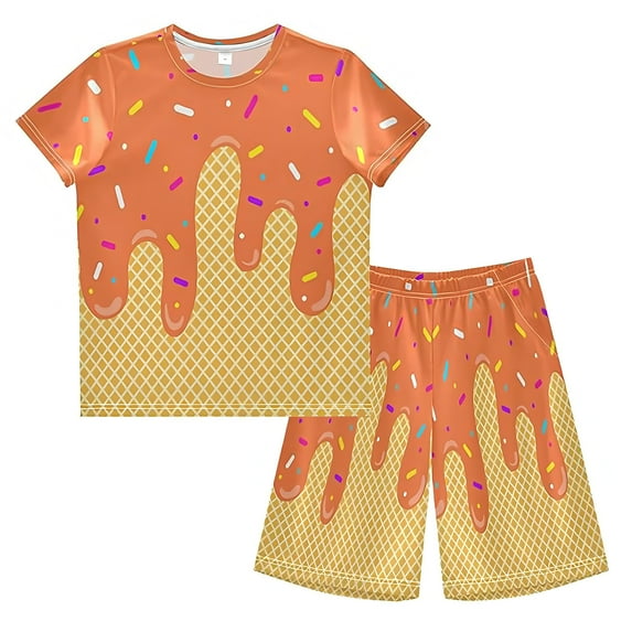 oqasdz Girls Boys Summer Outfits Ice Cream Print Short Sleeve T Shirt And Shorts 2PCS Set Comfortable Casual For Toddler Kids Size 9 Y-10 Y