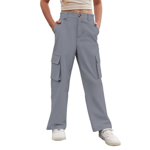 oqasdz Girls Cargo Pants Solid Color Wide Leg Trousers with Utility Pocket for Kids Outdoor Activies Stretch Casual Daily Wear Size 4 Y-5 Y