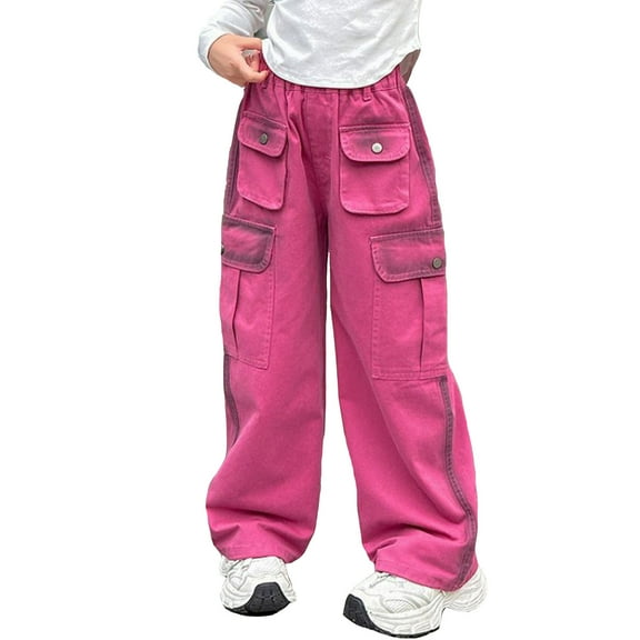 oqasdz Girls Cargo Pants Vintage Wide Leg Trousers with Pockets Solid Color Streetwear Fashion Sweatpants Size 8 Y-9 Y