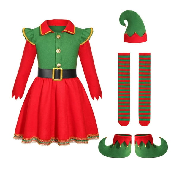 oqasdz Girls Christmas Dress Elf Set Dress Up Holiday Party Dress Fairy Gown Elegant Christmas Outifts Festive Stage Performance Apparel