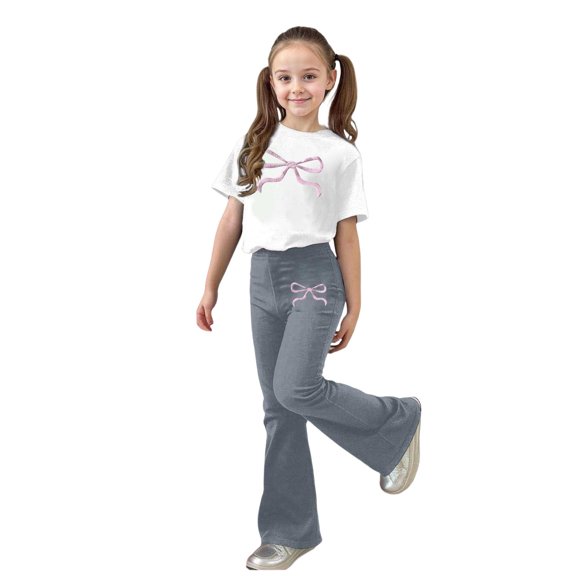 oqasdz Girls Clothes y2k Outfit with Bow Print Short Sleeve T Shirts Top and Flared Leg Pants 2 Piece Outfits for Toddler and Kids Comfort Fit Durable Casual Outdoor Dailywear