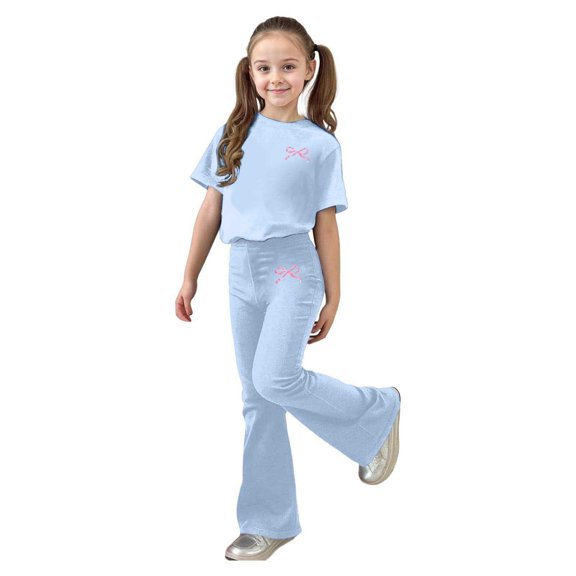 oqasdz Girls Clothes y2k Solid Color Short Sleeve T Shirts and Flare Leg Pants 2 Piece Outfit for Toddler and Kids Cozy Soft Lightweight Casual Stylish Playful and Schoolwear