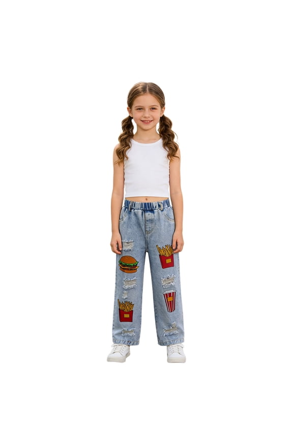 Girls Distressed Denim Pants with Cute Burger Fries Loose Fit Straight Leg Trousers Comfortable Play Durable Casual Daily Wear