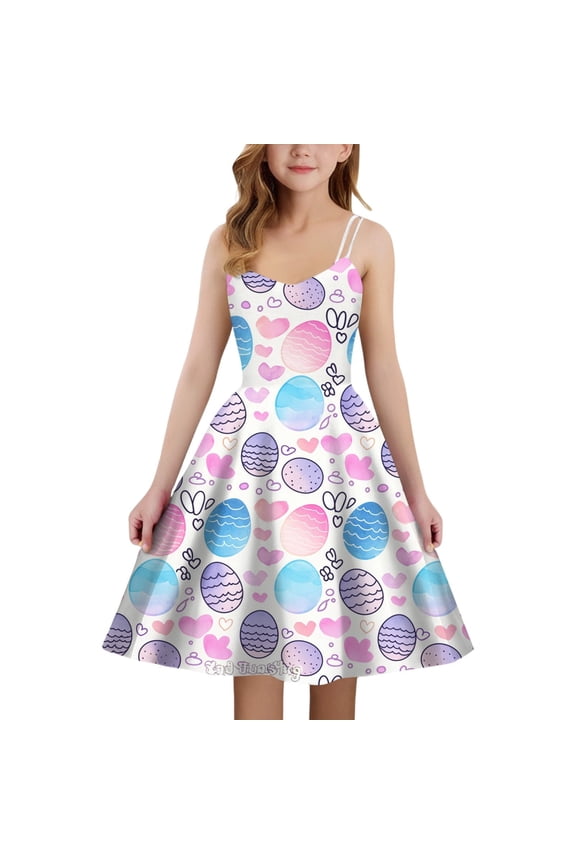 Girls Dresses Easter Cute Print Sleeveless with Back Elastic Zipper Casual Outdoor Daily Wear Pageant Prom Dress