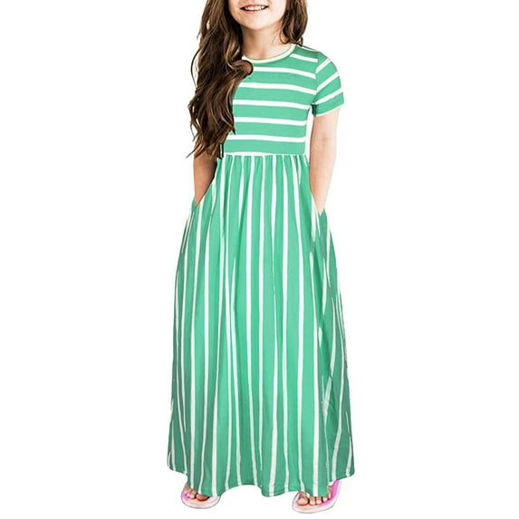 oqasdz Girls Dresses Kids Baby Clothes Toddler Striped Short Sleeve Casual Loose High Waist Party Gown Daily Long Dress Size 11-12 Y
