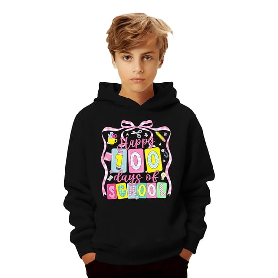 oqasdz Girls Hoodies 100 Days of School Cute Graphic Hooded Sweatshirt Athletic Playwear Long Sleeve Pullover Loose Fit Casual Outwear