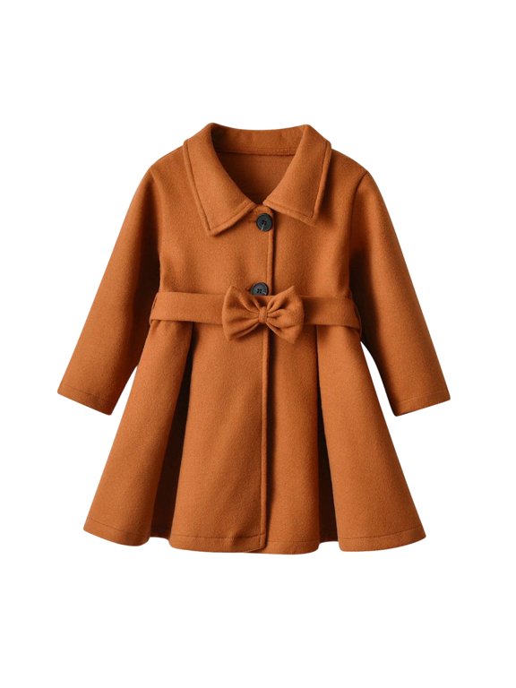Girls Jacket Lapel Bow Decor Button Front Mid Length Coat Pleated Swing Hem Long Sleeve Loose Kids Fall Winter Casual Outdoor