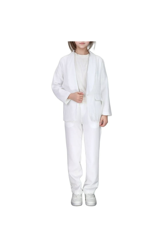 Girls Jacket Solid Color Lapel Suit Open Front Long Sleeve Coat and Straight Leg Trousers Slim Fit Outwear Formal Suits/11-12 Years