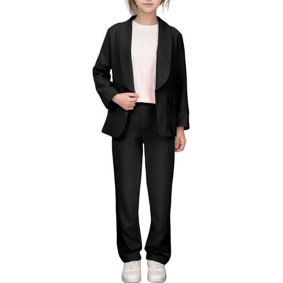 oqasdz Girls Jacket Solid Color Lapel Suit Open Front Long Sleeve Coat and Straight Leg Trousers Slim Fit Outwear Formal Suits/9-10 Years