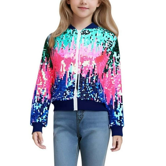 oqasdz Girls Jackets for Big Girls Vibrant Color Block with Sparkling Sequins and Spangles Full Zipper Long Sleeve Comfortable Top Coat Outwear Size 9 Y-10 Y