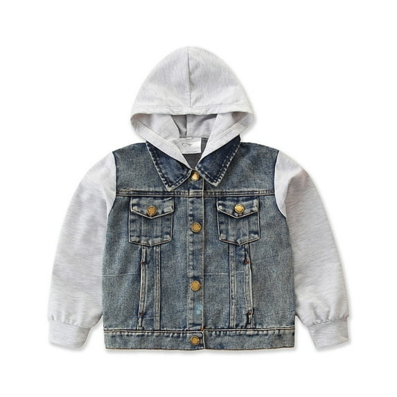 oqasdz Girls Jackets Boys Cross Border Children Spring Fall Long Sleeve Denim Hooded Coat Patchwork Casual Top Jacket Outwear Size 4 Y-5 Y