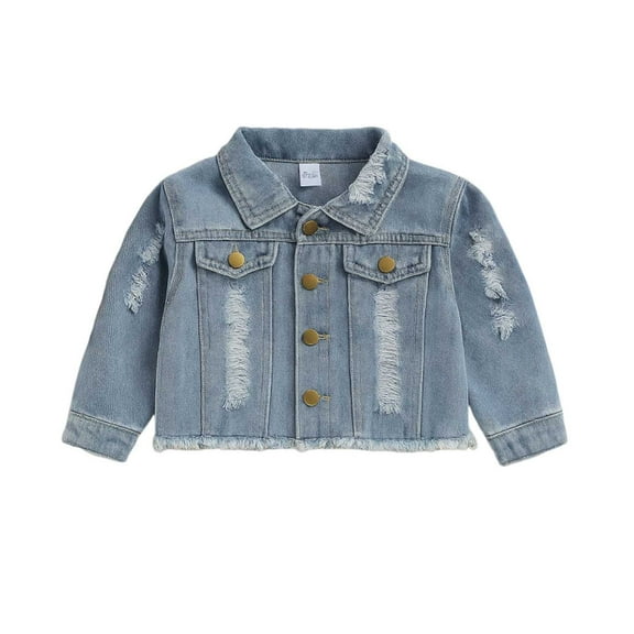 oqasdz Girls Jackets Children Fashion Denim Fall Small Children Long Sleeve Turn Down Collar Distressed Single Button Top Coat Outwear Size 1 Y-2 Y