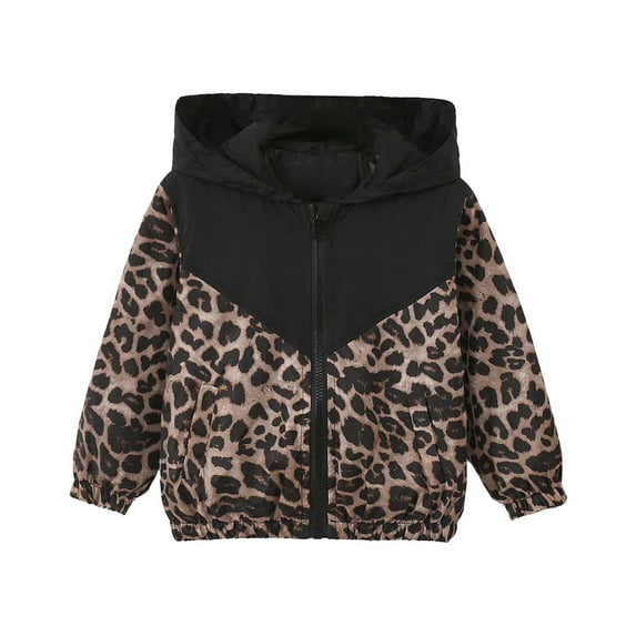 oqasdz Girls Jackets Children Long Sleeve Hooded Leopard Print Color Block Versatile Trench Coat Top Jacket Outwear Size 6 Y-7 Y