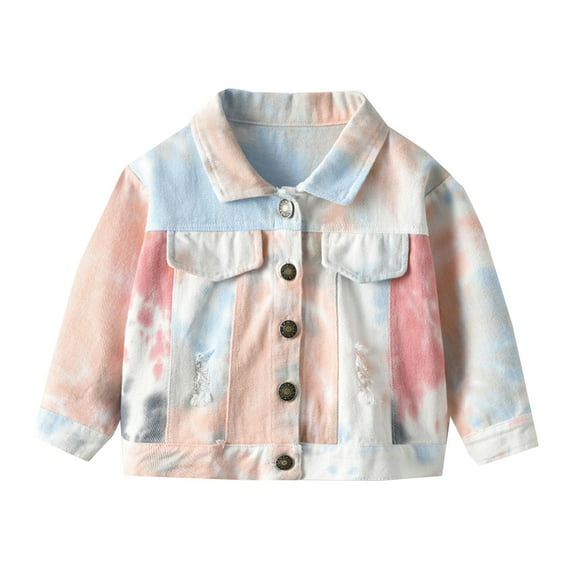 oqasdz Girls Jackets Children Long Sleeve Tie Dye Gradient Turn Down Collar Denim Jacket Casual Fashion Top Coat Outwear Size 18 M-24 M