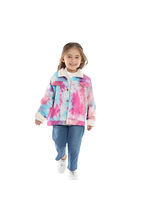 Girls Jackets Children Long Sleeve Turn Down Collar Gradient Tie Dye Thicken Cotton Lined Warm Denim Top Coat Outwear Size 3 Y-4 Y