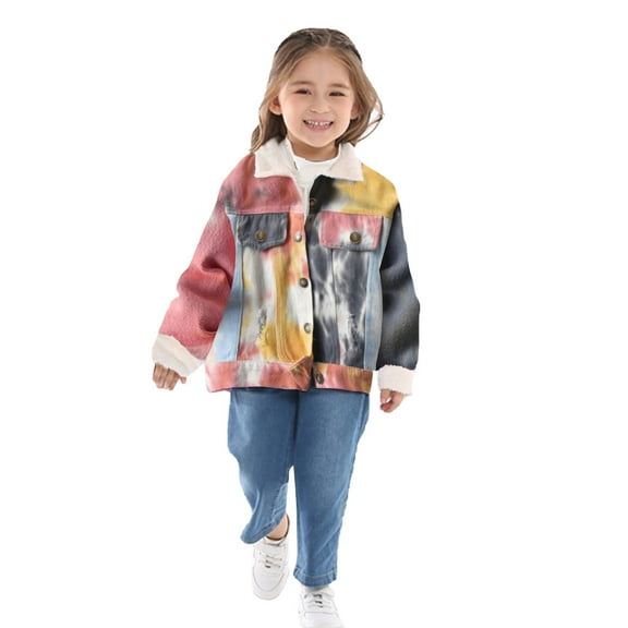 oqasdz Girls Jackets Children Long Sleeve Turn Down Collar Gradient Tie Dye Thicken Cotton Lined Warm Denim Top Coat Outwear Size 6 M-12 M