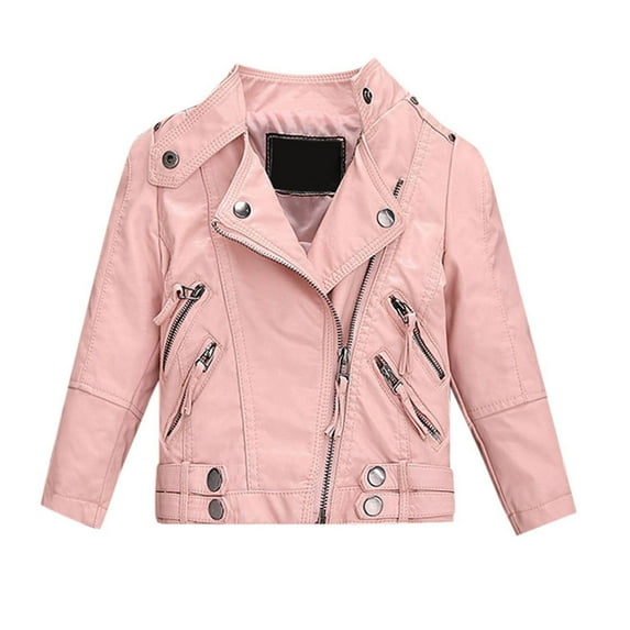 oqasdz Girls Jackets Children Toddler Pu Leather New Solid Color Stand Collar Casual Outwear Cozy Versatile Top Coat Size 2 Y-3 Y