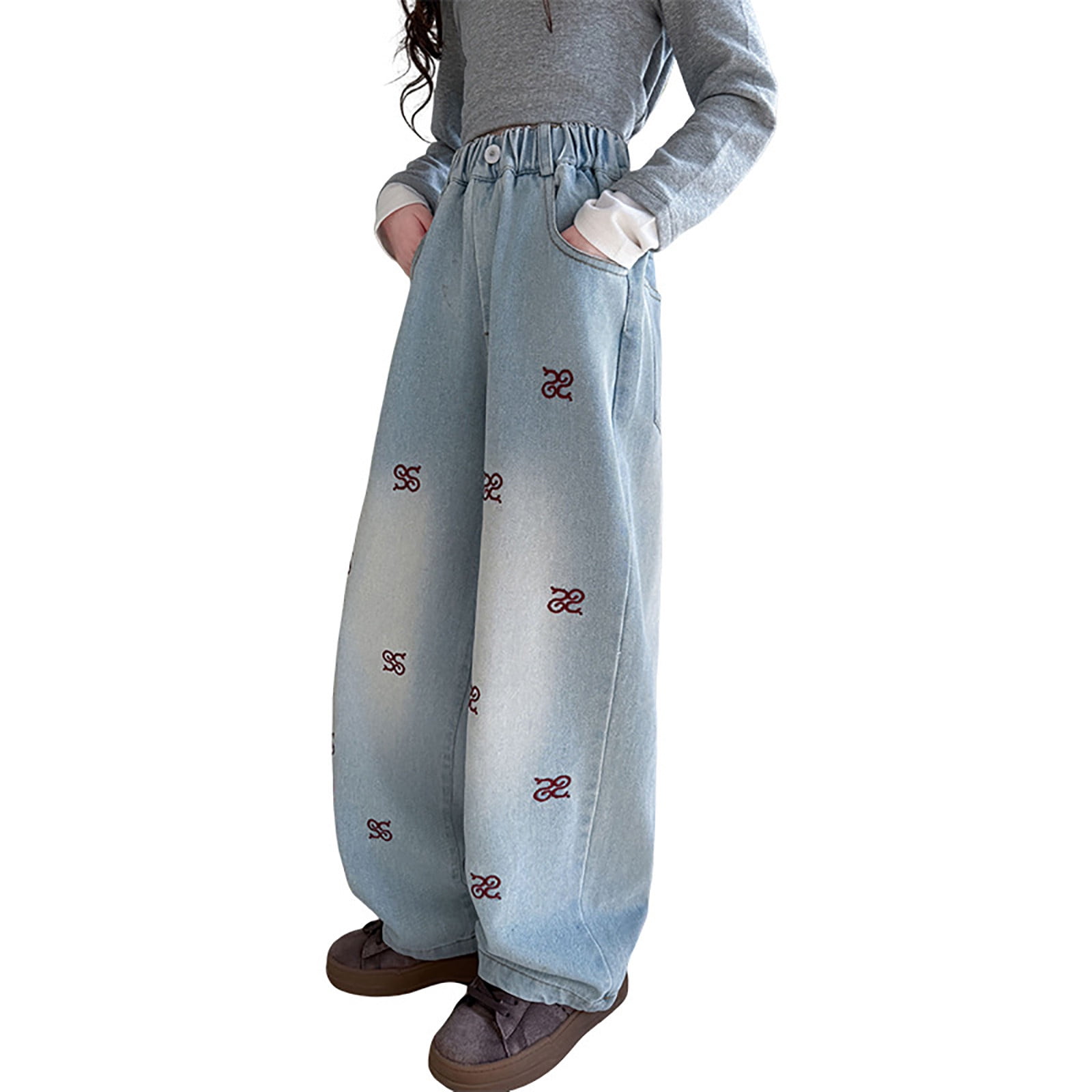 Girl's Wide Leg Baggy Jeans With Sparkly Rhinestones - Elastic Waist Denim Pants