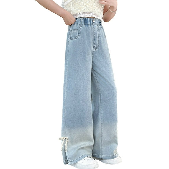 oqasdz Girls Jeans Wide Leg Trousers Comfortable and Fashionable Stretch Streetwear Denim Pants Stretch Casual Outdoor Daily Wear Size 8 Y-9 Y