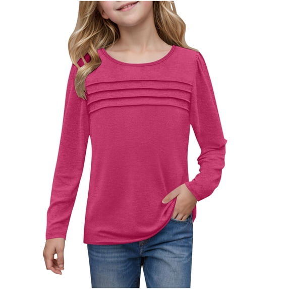 oqasdz Girls Long Sleeve Shirts Pleated Front Loose Breathable Solid Color Shirts Kids Puffed Soft Cute Casual Crewneck T Shirts Tops