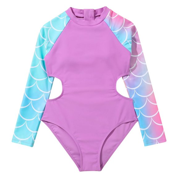 oqasdz Girls One Piece Swimsuit Scale Prints Long Sleeve Adjustable Waist Hollow Bathing Suit for Children Swimming Training Beachwear