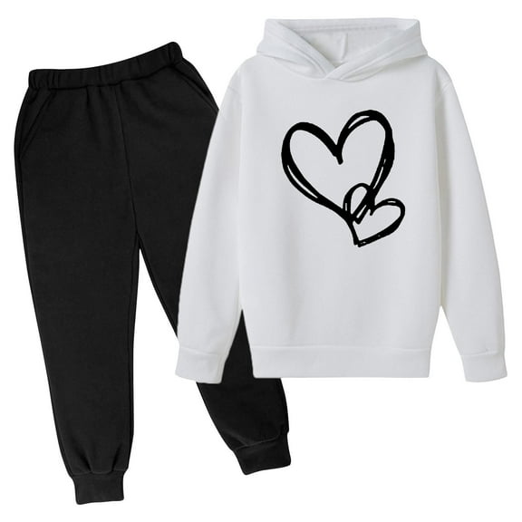 oqasdz Girls Outfits 2 Piece Sweatsuits Long Sleeve Heart Prints Lightweight Hooded Pullover and Sweatpants Sports Jogger Preppy Clothes
