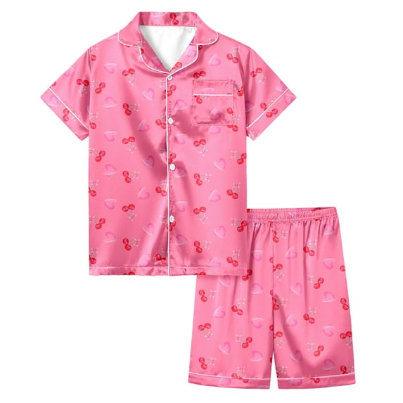 oqasdz Girls Outfits Cartoon Cherry Print Silk Short Sleeve Shirts and Shorts Cute Heart Design Home Outfit For Kids Comfortable Soft 2 Piece Set