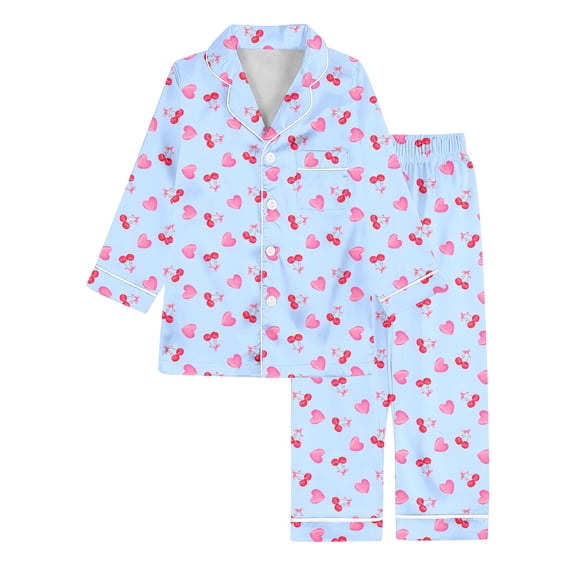 oqasdz Girls Outfits Cute Cherry And Heart Prints Silk Long Sleeve Lapel Button Down Shirts and Pants Comfort Cozy Breathable Home Outfit For Kids