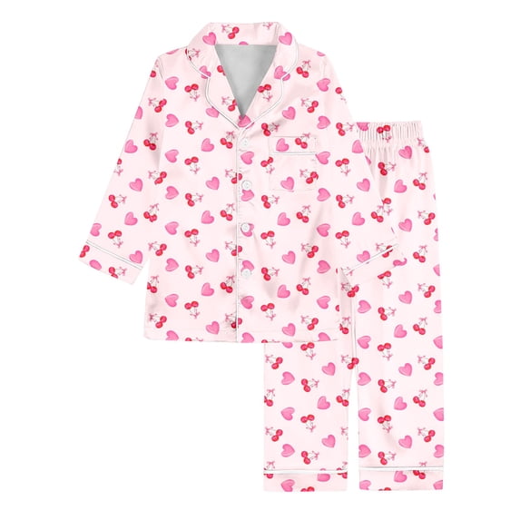 oqasdz Girls Outfits Cute Cherry And Heart Prints Silk Long Sleeve Lapel Button Down Shirts and Pants Comfort Cozy Breathable Home Outfit For Kids