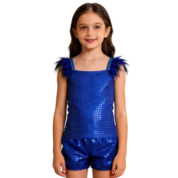 oqasdz Girls Outfits Glam Performance Outfit Sequin Sleeveless Top And Shorts For Stage Show Party Evening Holiday for Toddler and Kids
