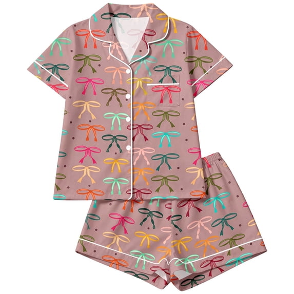oqasdz Girls Pajamas Bow Graphic Tee Short Sleeve Button Shirts and Shorts for Toddler Kids Casual 2 Piece Pajama Set Soft Cozy Loungewear
