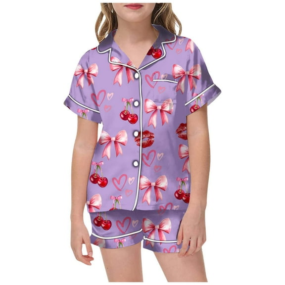 oqasdz Girls Pajamas Large Sized Collared Short Sleeved Fruit Colored Lipstick Printed Shirt and Loose Waist Shorts Pajama Set/12-13 Years