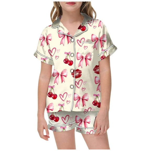 oqasdz Girls Pajamas Large Sized Collared Short Sleeved Fruit Colored Lipstick Printed Shirt and Loose Waist Shorts Pajama Set/12-13 Years