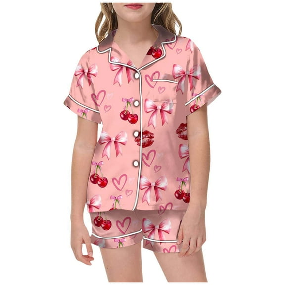 oqasdz Girls Pajamas Large Sized Collared Short Sleeved Fruit Colored Lipstick Printed Shirt and Loose Waist Shorts Pajama Set/12-13 Years