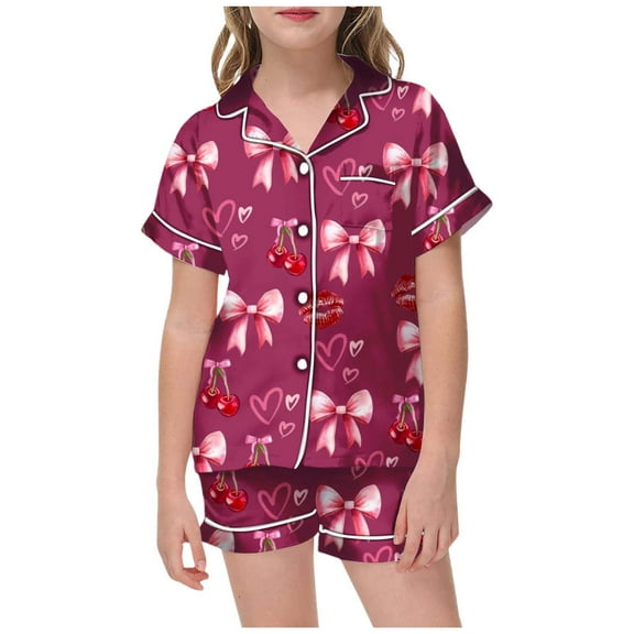 oqasdz Girls Pajamas Large Sized Collared Short Sleeved Fruit Colored Lipstick Printed Shirt and Loose Waist Shorts Pajama Set/4-5 Years
