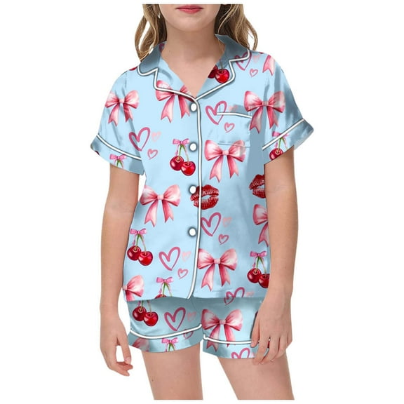oqasdz Girls Pajamas Large Sized Collared Short Sleeved Fruit Colored Lipstick Printed Shirt and Loose Waist Shorts Pajama Set/4-5 Years
