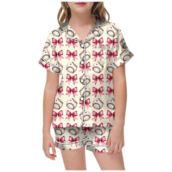 oqasdz Girls Pajamas Short Sleeve Baseball Collar Top With Bow And Elastic Waist Shorts Casual Playwear Pajama Set For Toddler Kids/2-3 Years