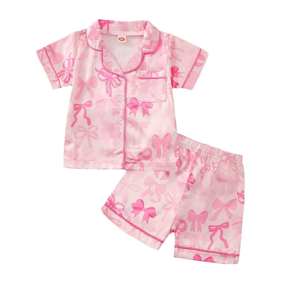 oqasdz Girls Pajamas Short Sleeve Shirt and Shorts Loungewear with Bow Print Cute Outfit for Toddler and Kids Sleepwear Comfort Soft Pajama Set