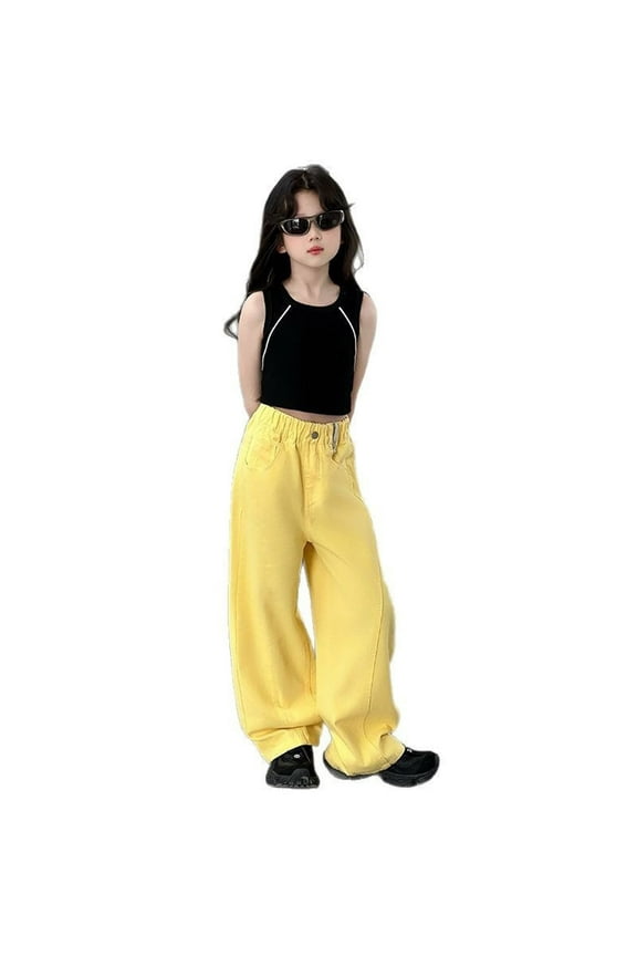 Girls Pants Casual Elastic Waist Straight Wide Leg Jeans Toddler Kids Summer Comfortable Stretchy Soft Denim Size 5 Y-6 Y