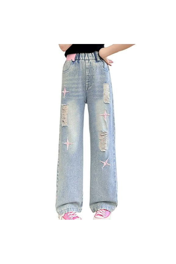 Girls Pants Fashion Cute Personality Elastic Waist Wide Leg Jeans Casual Loose Denim with Pockets Size 16 Y-17 Y